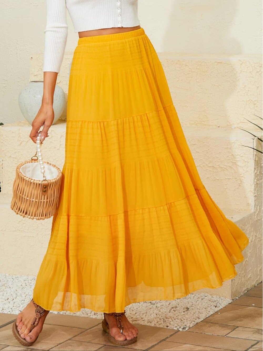Amazon NASHALYLY Chiffon Elastic High Waist Pleated A-Line Maxi Skirt